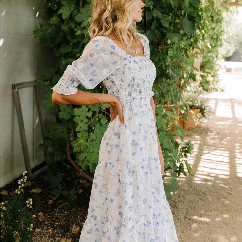 Baltic Born White Midi Dress with Blue Floral Print - Picture 2 of 6